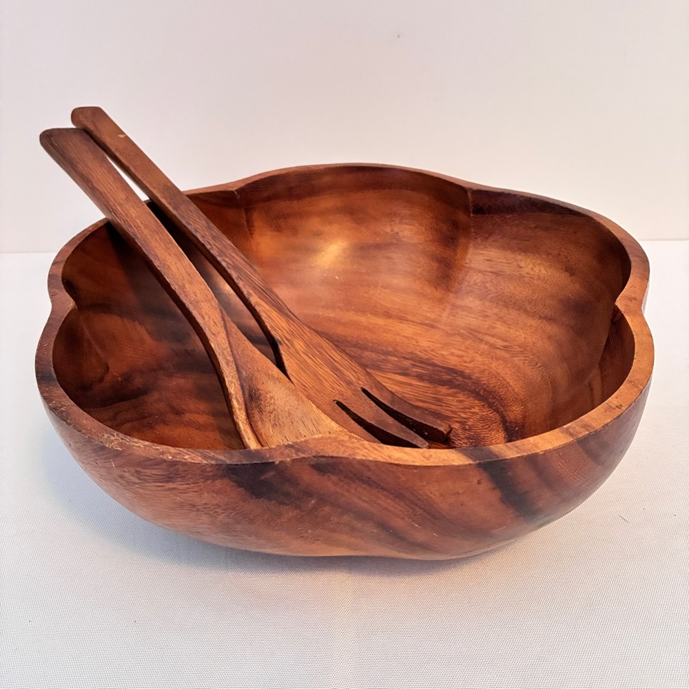 MCM Monkey Pod Wood Salad Bowl Set With Serving Pieces Vintage